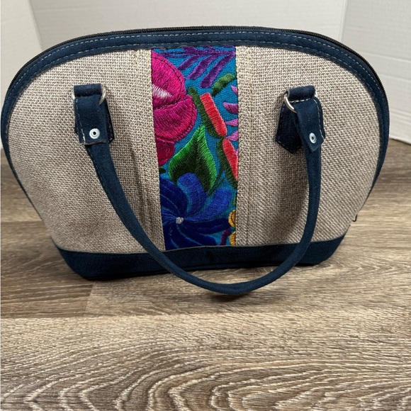 Guatemalan Handmade Purse Satchel Suede & Linen Floral Embroidered Boho Aztec - Picture 2 of 9